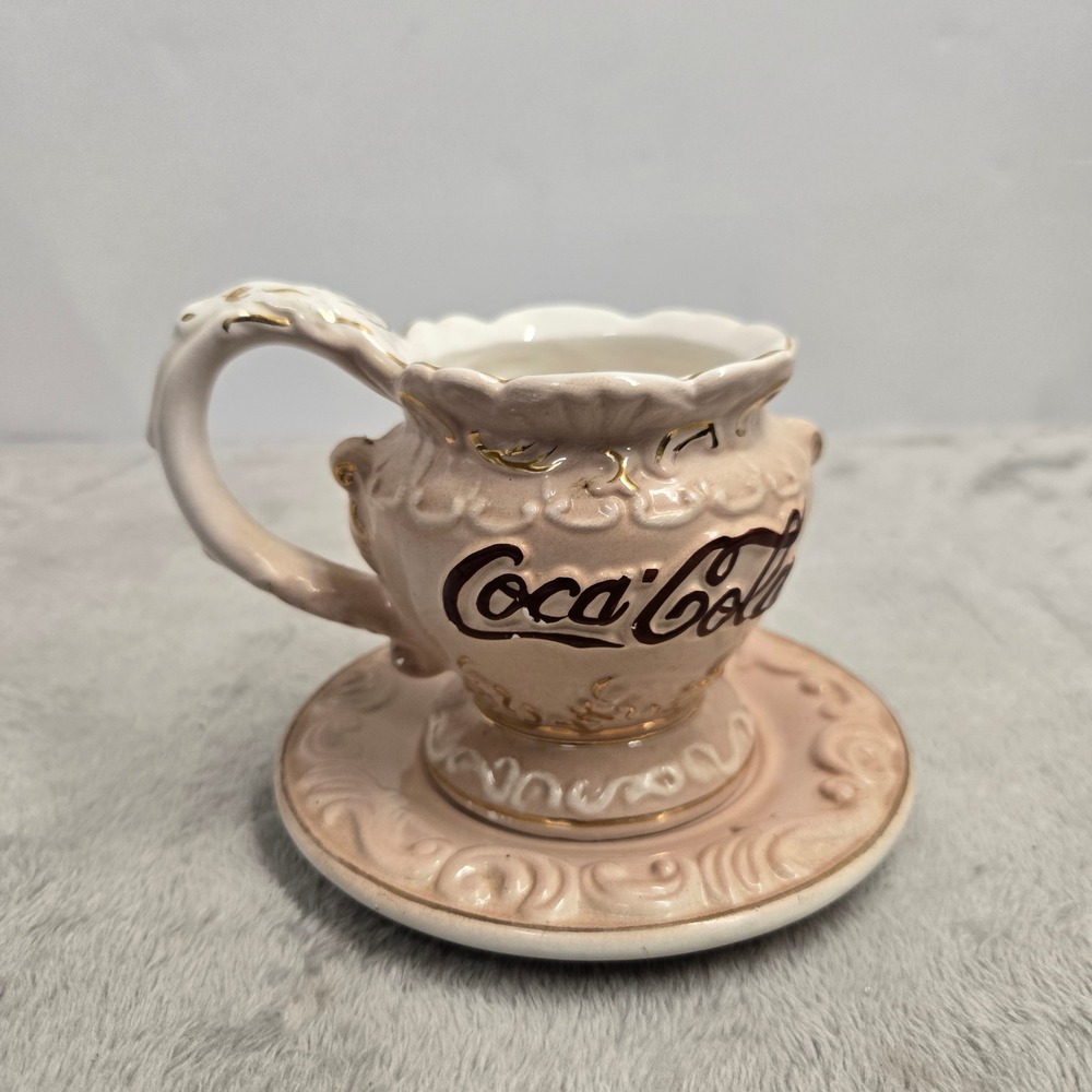 Vintage 1998 Coca-Cola Miniature Teacup and Saucer Set Pink Gold Trim Victorian